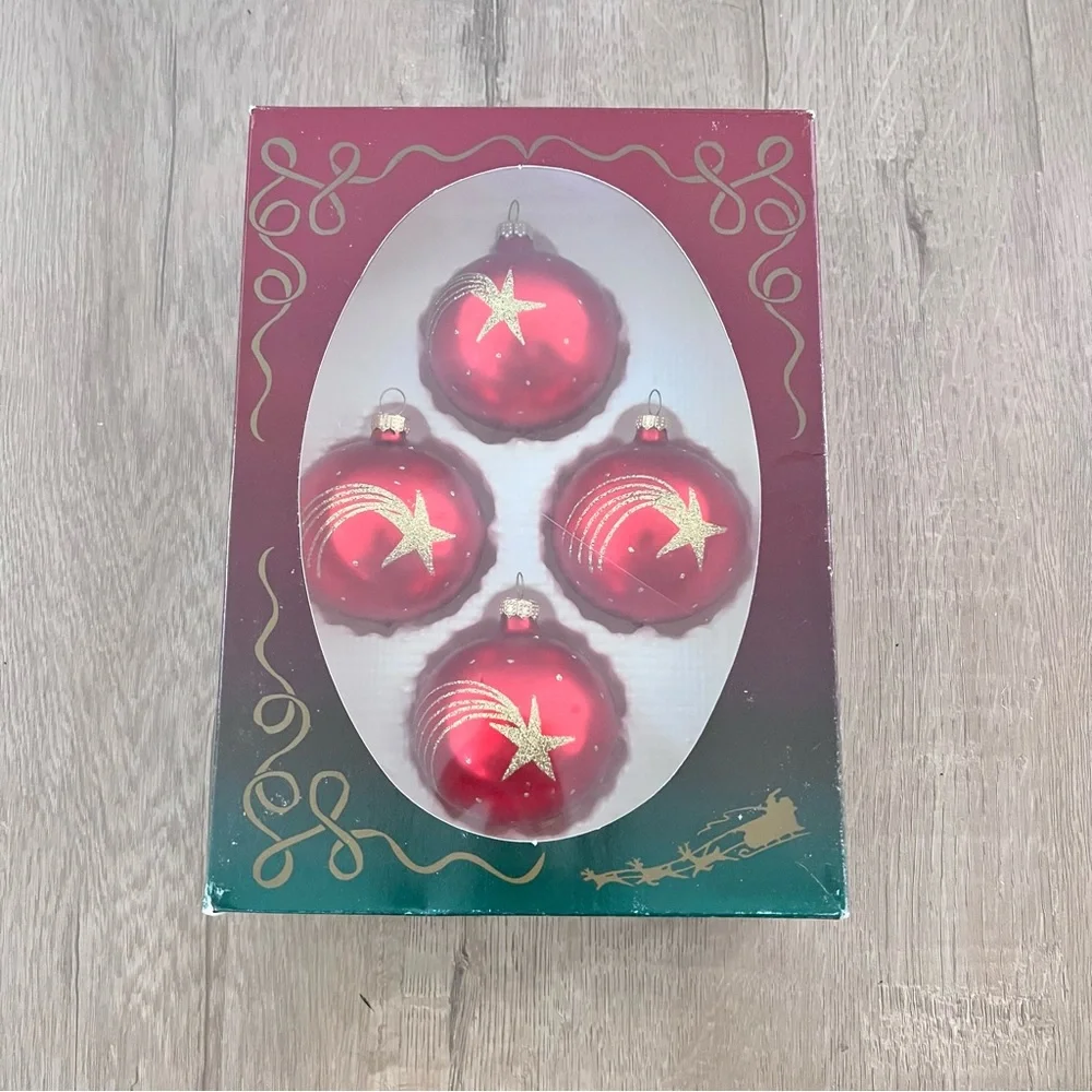 Vintage 4 PCs Hand Blown Hand Decorated Ornaments - Red With Gold Shooting Stars
